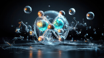 detailed 3D atomic structure with glowing electrons and dynamic particles, showcasing scientific beauty and complexity