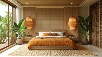 Tropical bedroom, wooden decor, plants, balcony view, relaxing getaway