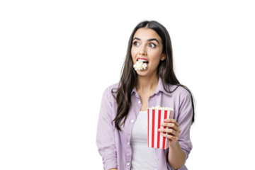 Woman in casual attire eating popcorn with a surprised expression, holding a red and white striped bucket. Isolated on a white background. Concept of snacks and fun. Ai generative