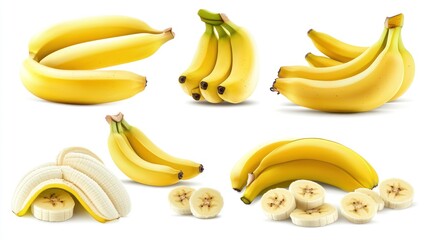 Yellow Bananas Displayed in Various Arrangements