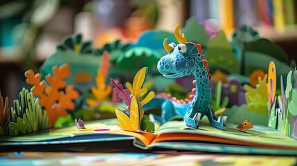 A three-dimensional, pop-up book with a dinosaur on the cover. The dinosaur is blue and has yellow horns.