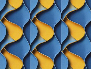 Abstract Blue and Yellow Pattern: A seamless, repeating pattern featuring interwoven blue and yellow shapes creates a visually captivating design with a three-dimensional effect.