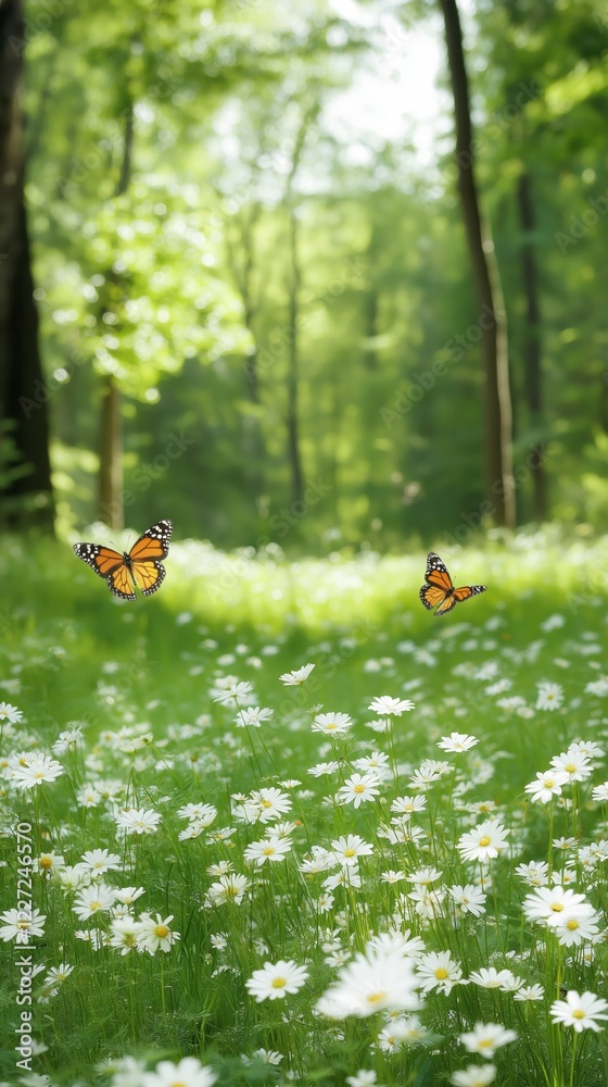 Canvas Prints Two butterflies flying in a field of white flowers. The butterflies are orange and black. The field is lush and green