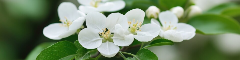 Obraz premium A close up of a white flower with green leaves. The flower is in full bloom and has a delicate appearance
