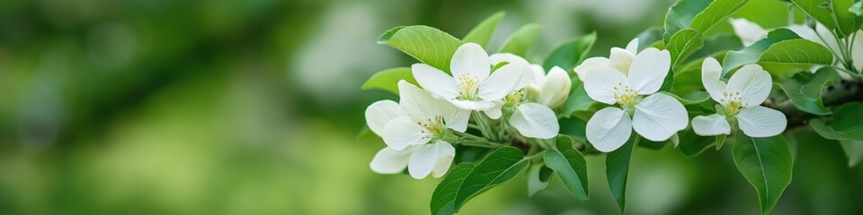 Obraz premium A close up of a tree with white flowers. The flowers are in full bloom and the tree is surrounded by green leaves. Concept of natural beauty and tranquility