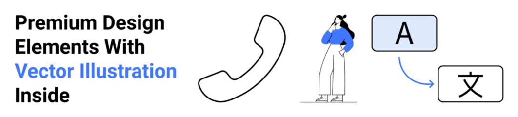 Woman in casual outfit standing near language translation bubbles and phone symbol. Ideal for translation services, communication apps, language learning, foreign exchange, remote support