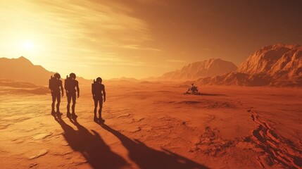 Obraz premium A humanoid robot exploration team on Mars, vast red landscape with distant mountains and rover tracks, Mars Exploration style