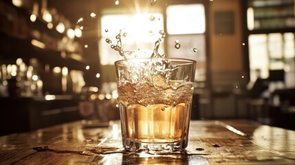 Refreshing Whiskey Splash in a Glass with Warm Ambient Lighting