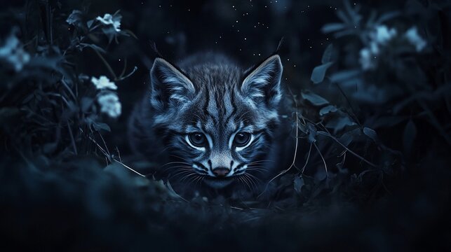 Adorable bobcat kitten hiding in dark foliage at night.