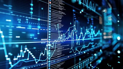 Digital financial data analysis with graphs and charts displayed on a futuristic screen - Powered by Adobe
