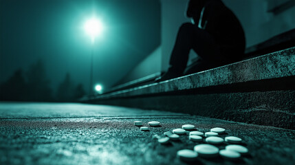 A person sitting on concrete steps at night, scattered pills glinting in the moonlight, while a faint, glowing streetlight nearby casts a hopeful halo.