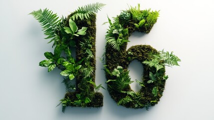 Number 16 made of moss and plants on white.