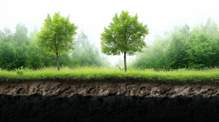Obraz premium A panoramic view of a lush forest with clear soil layers visible in a small hillside cutout, illustrating the natural processes supporting tree growth.