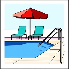 Fototapeta premium Poolside relaxation two lounge chairs under a beach umbrella, summer vacation
