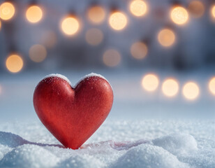 Fototapeta premium February 14 postcard, red heart on the snow among blurry lights, space for text,