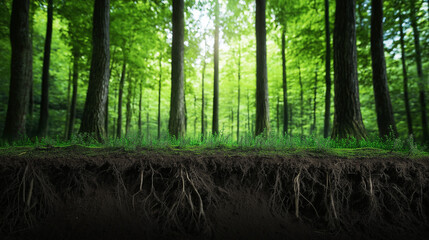 Obraz premium A serene forest with soft light illuminating the trees, and a visible section of soil layers teeming with roots and small organisms supporting the ecosystem.
