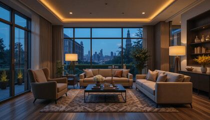 Interior of living room with sofa, armchair, table and glowing lamps in evening