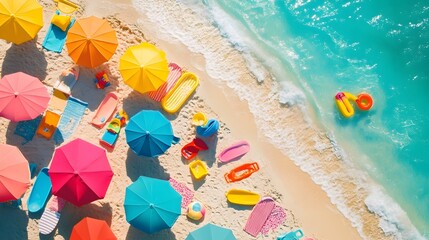 Vibrant Beach Umbrellas Colorful Toys Summer Vacation Fun Tropical Paradise Sunny Day Relaxing Holiday Ocean Waves Sandy Beach Family Time Kids       