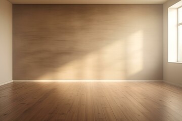 Sunbeams illuminating brown wall in empty room with wooden floor