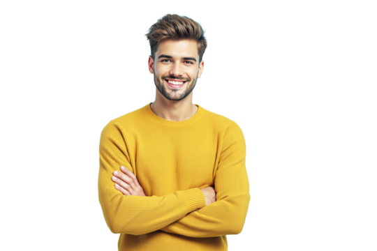 Smiling man wearing a yellow sweater, standing with arms crossed. Isolated on a white background. Concept of happiness, positivity, and casual style. Ai generative