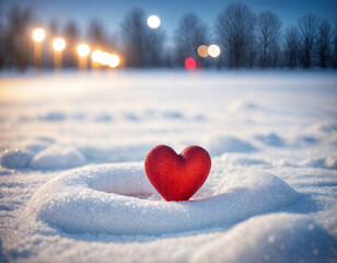 Fototapeta premium February 14 postcard, red heart on the snow among blurry lights, space for text,