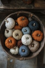 Wooden Bowl with Yarn and Pumpkins