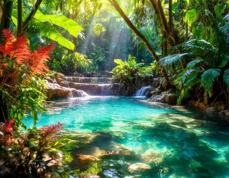 Sunbeams illuminating tranquil turquoise waterfall in lush tropical jungle - Powered by Adobe