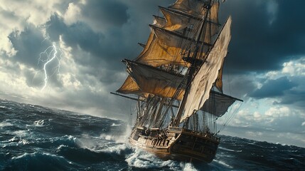 Obraz premium Old sailing ship in a stormy sea with lightning.