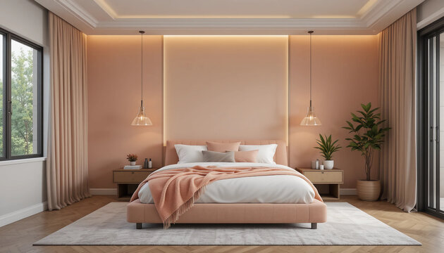  Bedroom in pastel tone peach fuzz color trend 2024 year and gray wall empty background for art. Modern premium cozy room interior home or hotel design. Apricot crush stylish accents bed. 3d render 
