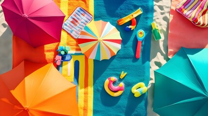 Bright Colorful Beach Umbrellas Summer Fun Vacation Tropical Paradise Relaxation Holiday Seashore Sand Toys Kids Family Colorful Towels Sun sky hot   