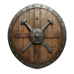 Fototapeta premium Medieval wooden shield with steel reinforcements and crossed swords, featuring a rustic design, isolated on a transparent background. Perfect for historical and fantasy themes.
