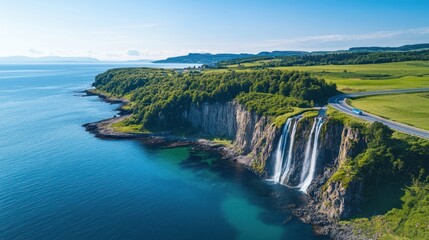 Coastal Waterfall Aerial  Road, cliffs, ocean, summer. Travel brochure