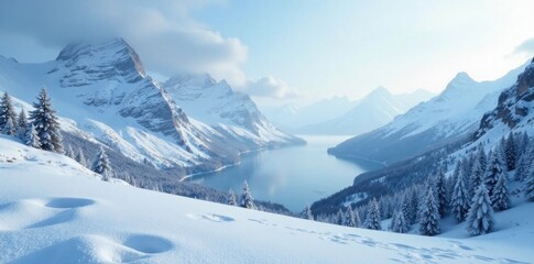 Snow-covered mountains with a misty atmosphere and frosty textures, landscape, frosty, snowy