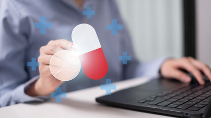 Healthcare worker doctor physician holding pill and capsule medicine prescription concept