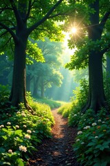 Obraz premium Deep shadows, lush summer forest, sunlight filtering through leaves, warm, vibrant, deep