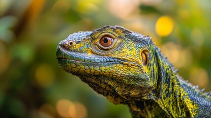 Fototapeta premium A vibrant lizard showcases its stunning colors in this close-up shot. Nature reveals beauty through its creatures. Capture the essence of wildlife. Generative AI