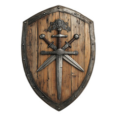 Fototapeta premium Medieval wooden shield with steel reinforcements and crossed swords, featuring a rustic design, isolated on a transparent background. Perfect for historical and fantasy themes.