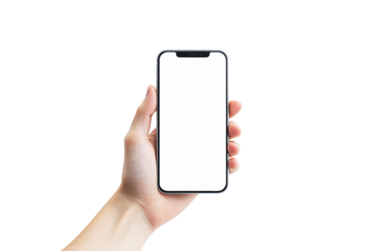 A hand holding a smartphone with an empty white screen, isolated on a white background. The image focuses on the device and hand for mockup or presentation. Ai generative - Powered by Adobe
