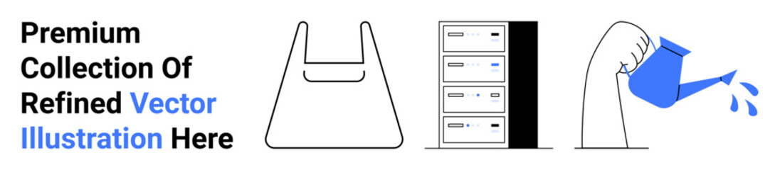 Reusable bag, server stack, watering hand emphasize sustainability, eco-conscious tech, minimalism. Ideal for sustainability, tech, business, eco campaigns education green branding flat landing