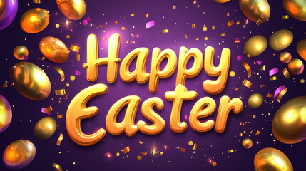 Golden Happy Easter text greeting card with sparkling confetti and gold eggs on a purple background