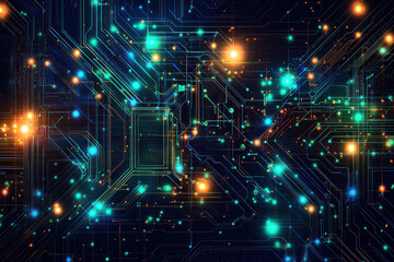 Fototapeta premium Glowing circuit board with data flow, ideal for tech backgrounds