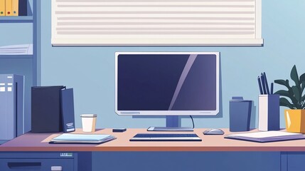 Office desk with computer monitor keyboard mouse and various office supplies on the desk