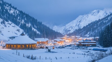 Hotel and Restaurant from Yurt nomadic house complex at Ski resort Shymbulak in Almaty, Kazakhstan. Winter frozen morning blue hour outdoor tourism concept.