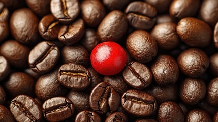 Naklejka premium A single red sphere among numerous coffee beans