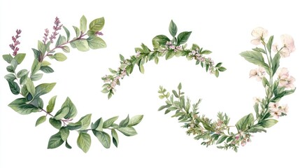 Obraz premium A series of three wreaths made of green leaves and flowers. The wreaths are arranged in a way that they form a circle, with the middle wreath being the largest. The wreaths are all different sizes