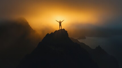 Triumphant hiker reaches summit at dawn mountain landscape inspirational photography foggy atmosphere wide angle view