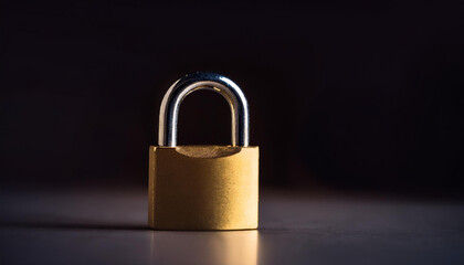 Fototapeta premium Golden padlock on dark backdrop. Security, safety and protection concept.