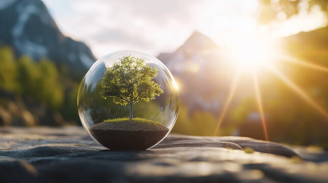 A small but resilient tree encased in a perfectly clear glass sphere, with soft rays of sunlight filtering through, symbolizing the sustained growth of a startup in a protected env