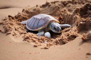 Newborn sea turtle making its way across the sandy beach after emerging from its nest