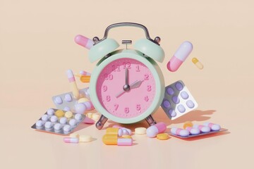 Alarm clock surrounded by pills, illustrating medication timing and schedule adherence.
